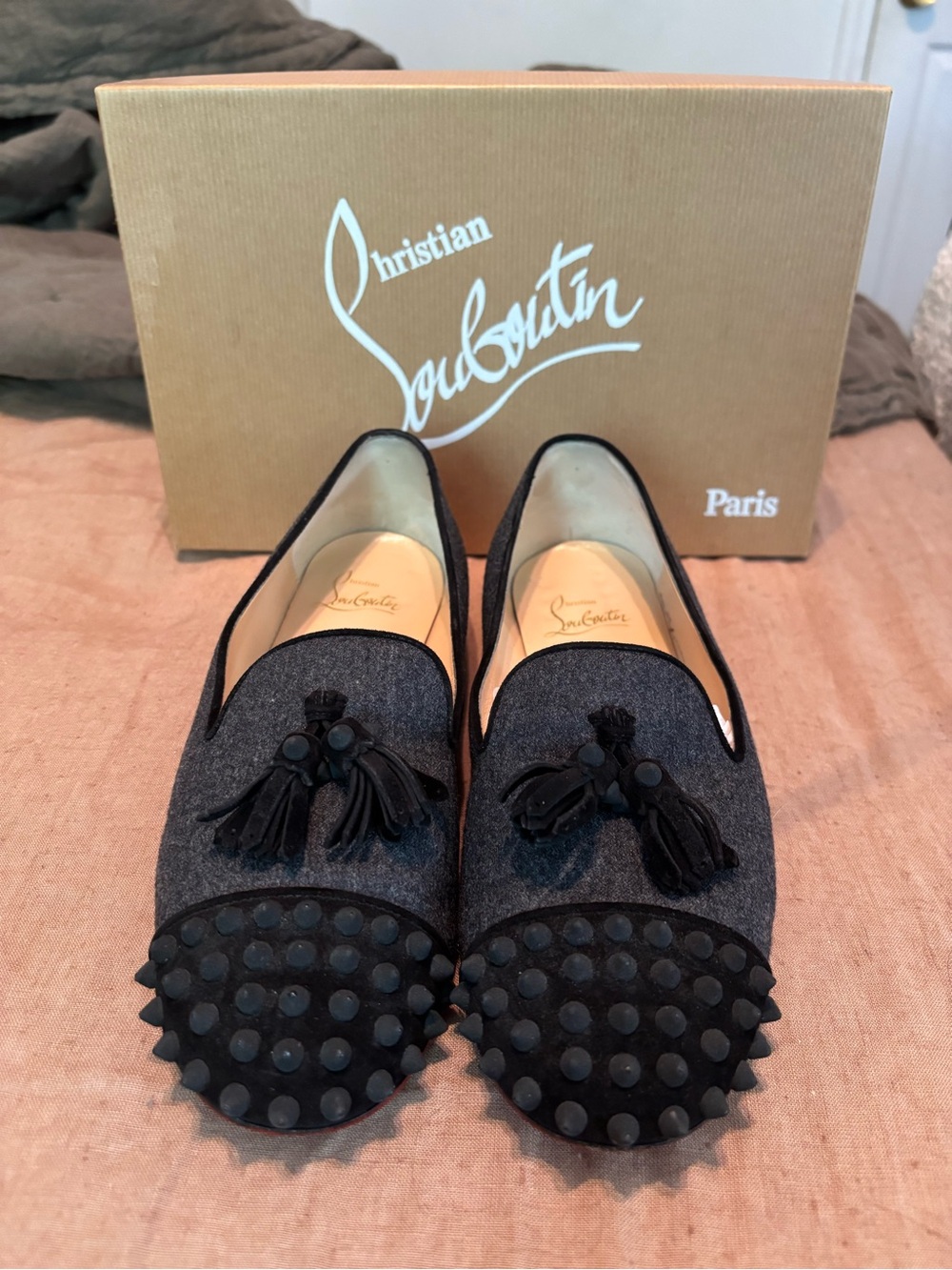 Louboutin Goop Rossini Spiked Loafers Wool Suede Flats Shoes Rare Box 37.5